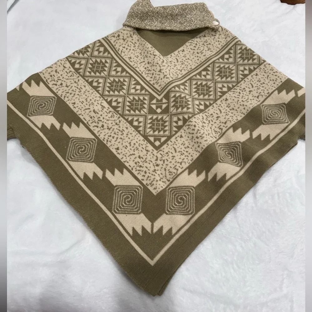 Boho Geometric Knit Poncho Sweater | Button Cowl Neck | Neutral Tan - Picture 2 of 11